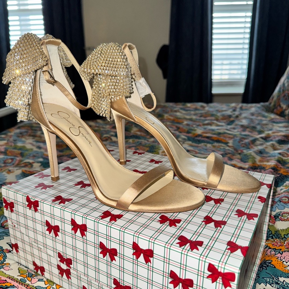 Jessica Simpson Gold Satin Fringe Ankle Strap Heels